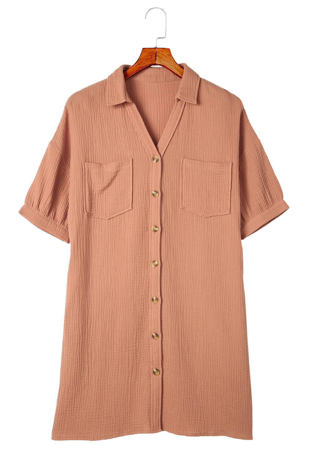 Brown Crinkle Textured Joint Bubble Sleeve Shirt Dress Mini Dresses JT's Designer Fashion