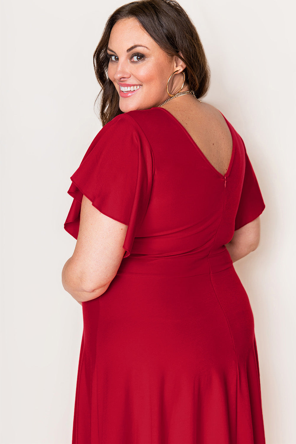 Red Plus Size Short Flutter Sleeve Midi Dress Plus Size Dresses JT's Designer Fashion