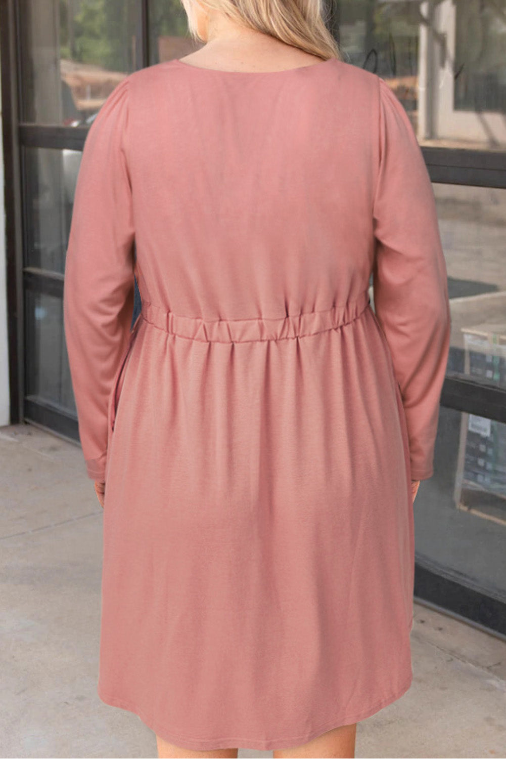 Pink Solid Button Front Plus Size Long Sleeve Dress Plus Size Dresses JT's Designer Fashion