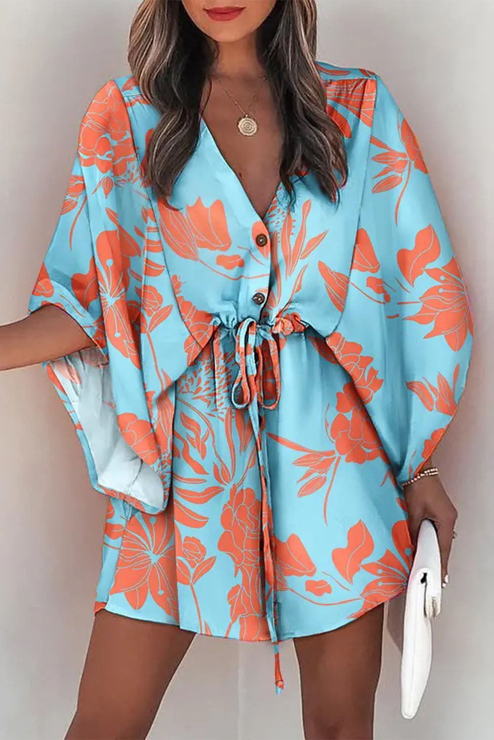 Sky Blue Geometric Print Button Drawstring Batwing Sleeve Dress Mini Dresses JT's Designer Fashion