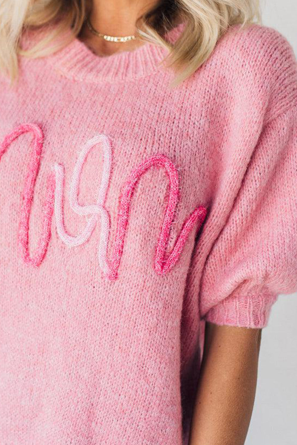 Pink MOM Lettering Short Puff Sleeve Knitted Sweater Pre Order Sweaters & Cardigans JT's Designer Fashion