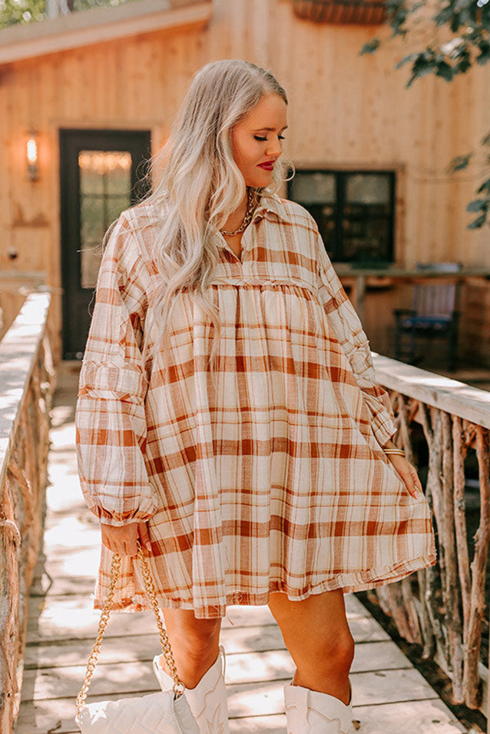 Orange Printed Plus Size Plaid Print V Neck Babydoll Dress Plus Size JT's Designer Fashion