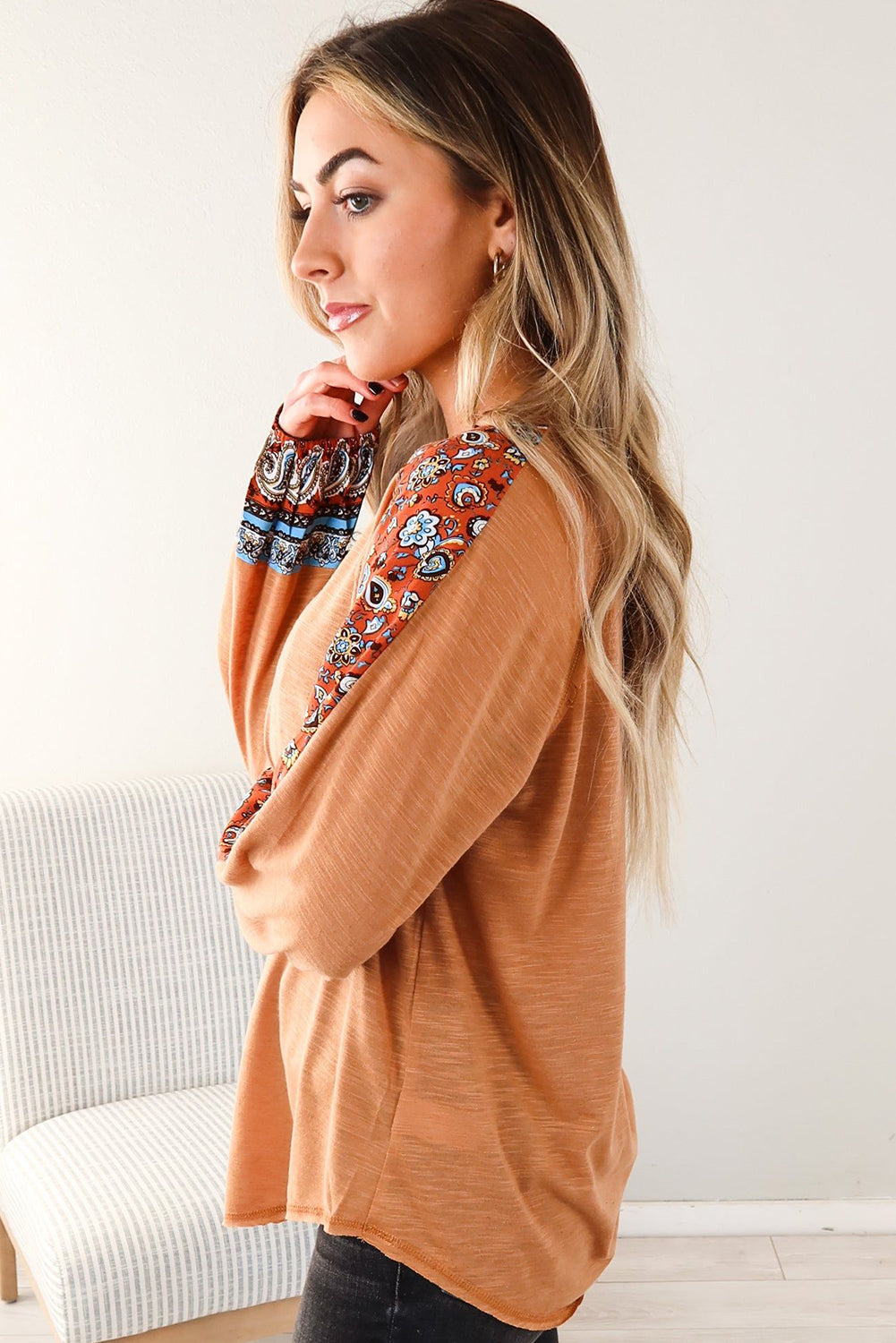 Grapefruit Orange Tribal Floral Patchwork Bubble Sleeve Knit Top Tops & Tees JT's Designer Fashion