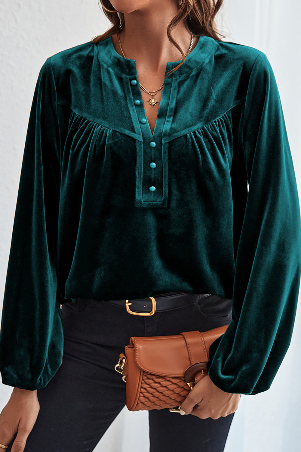 Stone Green Velvet Lantern Sleeve Beaded Split V Neck Top Tops & Tees JT's Designer Fashion