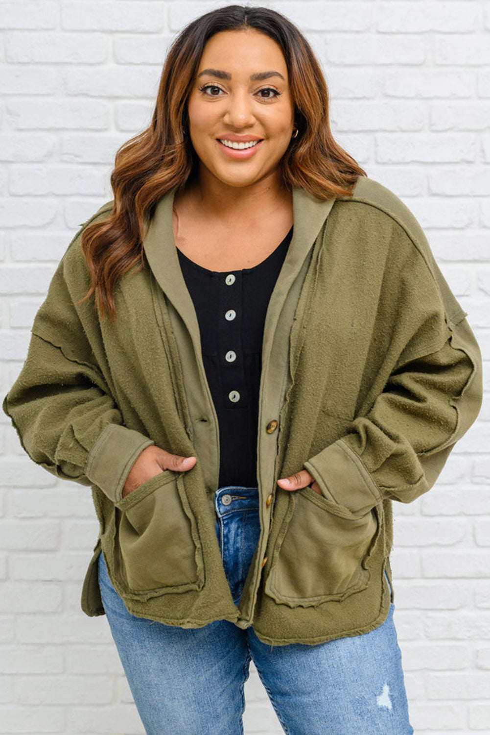 Green Plus Size Exposed Seam High Low Hem Hooded Jacket Plus Size JT's Designer Fashion