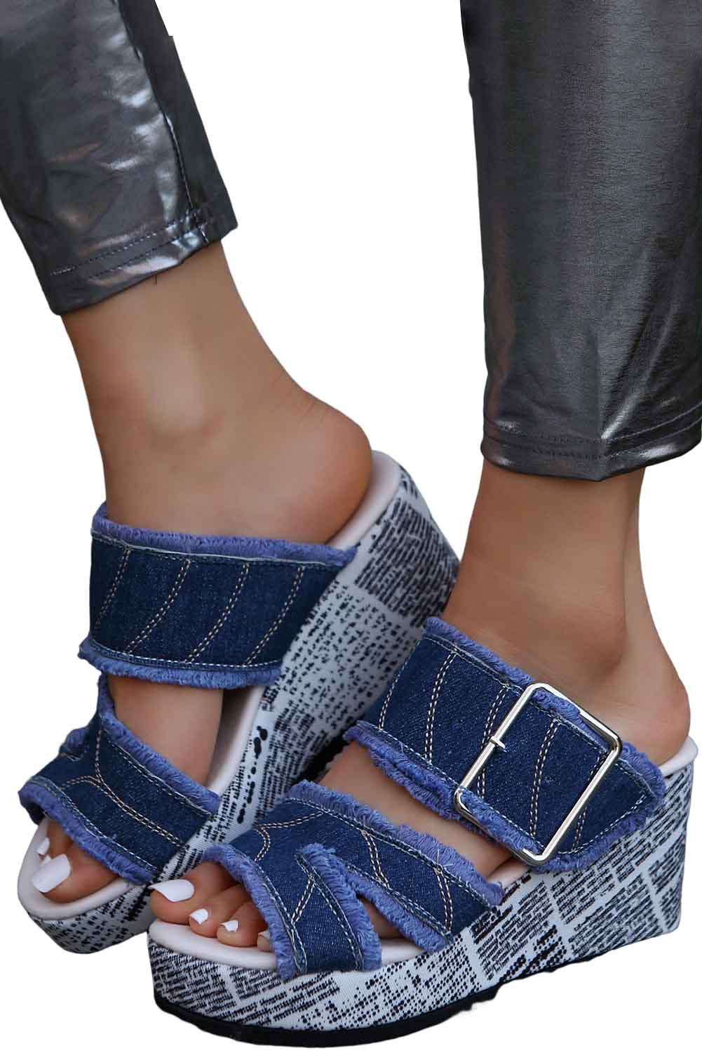 Blue Buckle Fringed Denim Wedge Slippers Slippers JT's Designer Fashion