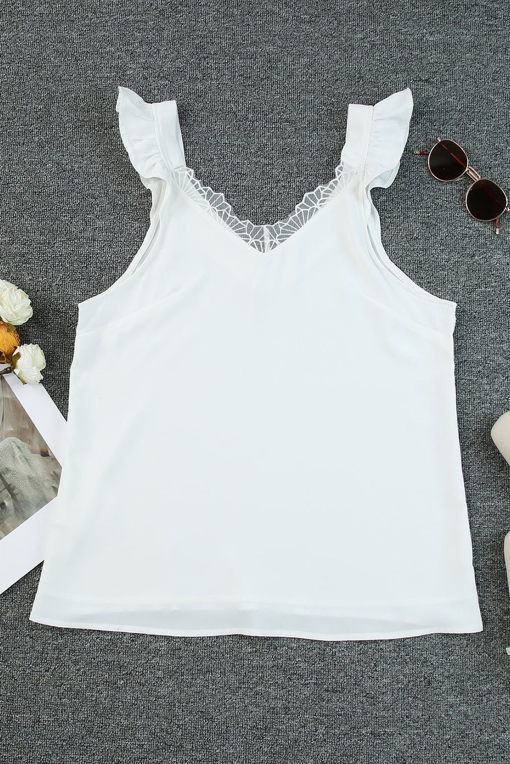 White V Neck Lace Ruffle Tank Top Tank Tops JT's Designer Fashion