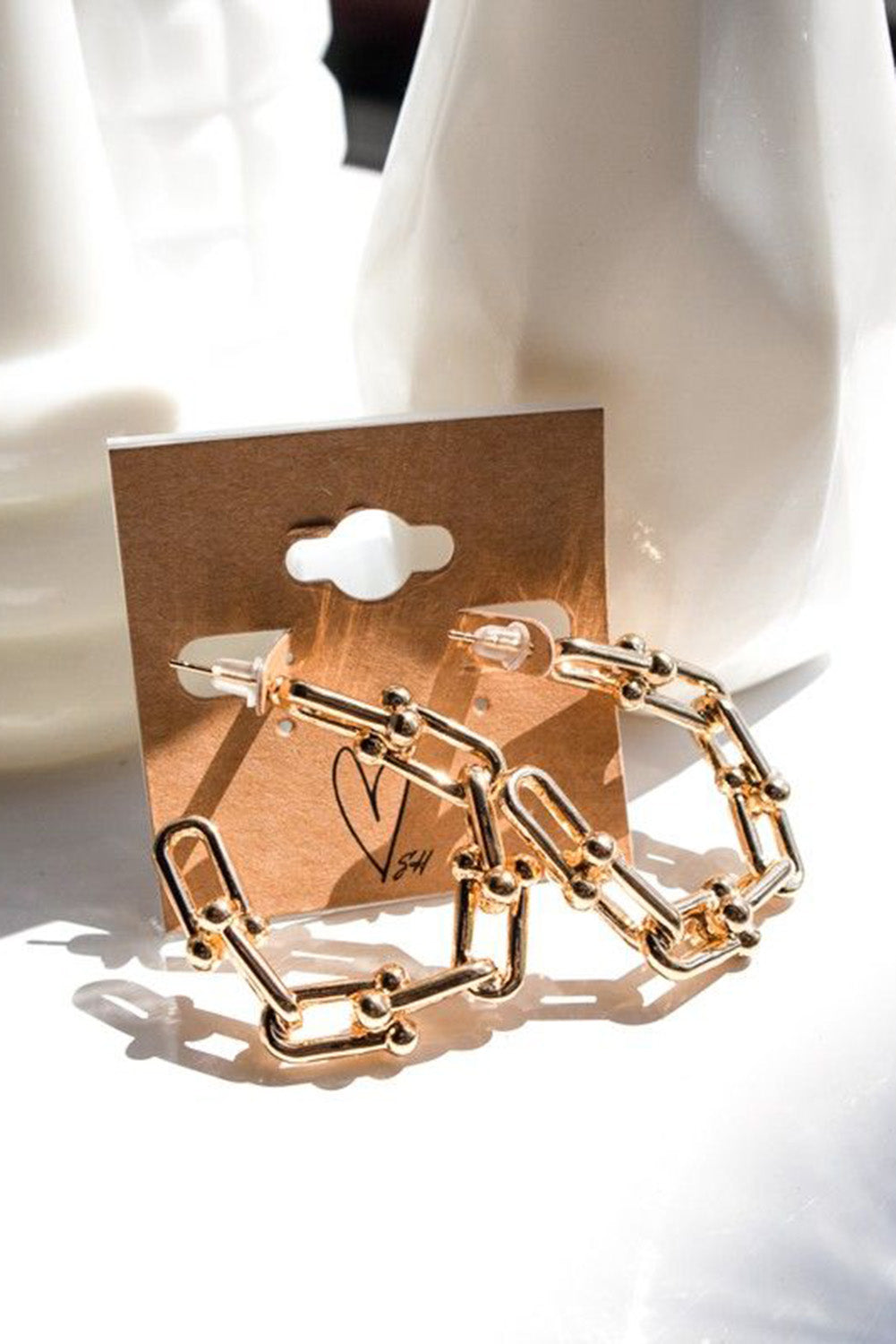 Gold Paper Clip Linked C Shape Hoop Earrings Jewelry JT's Designer Fashion