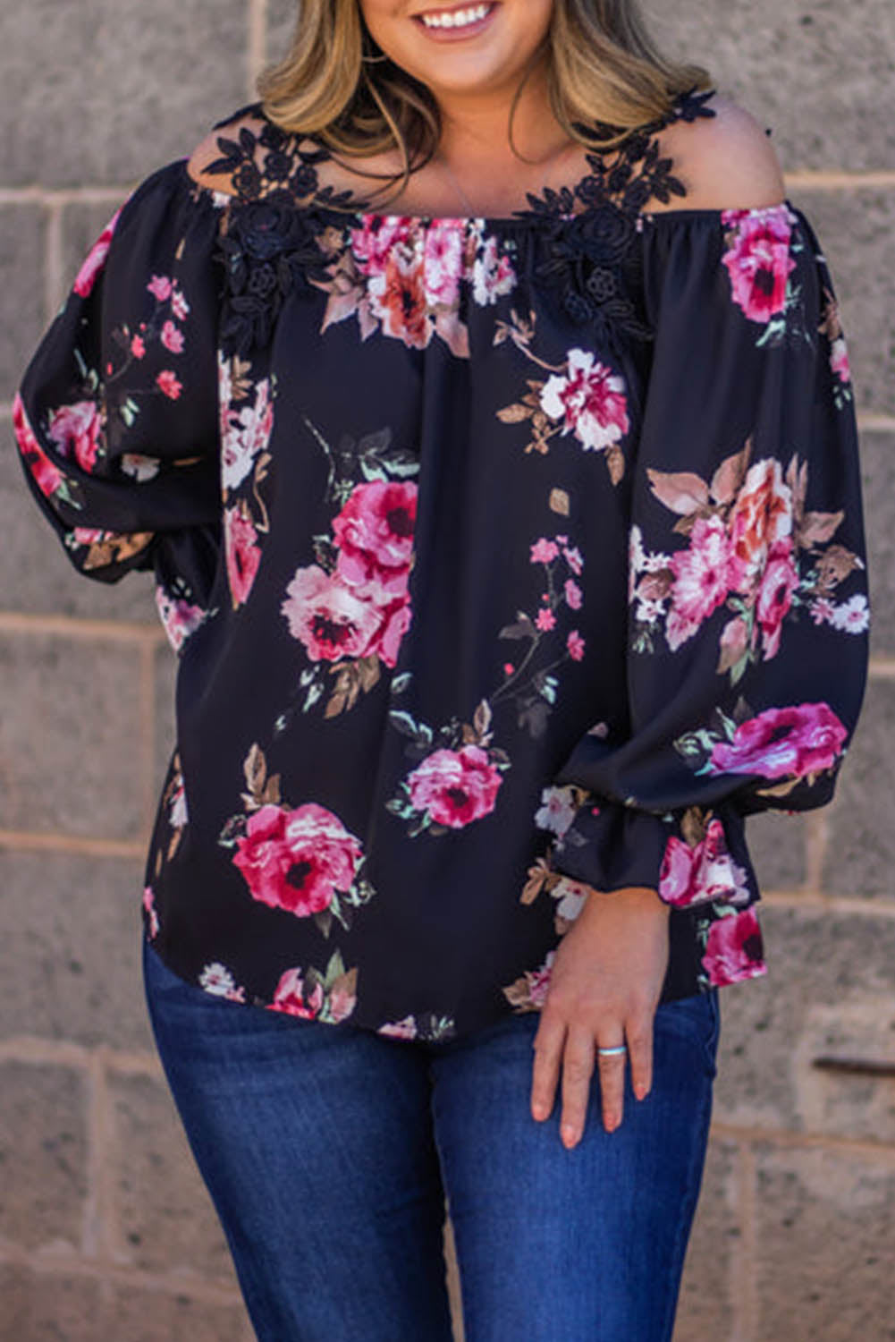 Black Plus Size Crochet Detail Off-shoulder Floral Blouse Plus Size JT's Designer Fashion