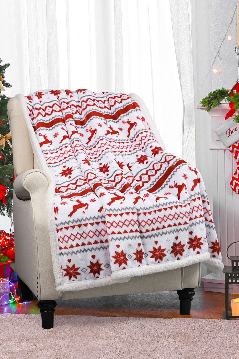 White Christmas Reindeer Snowflake Printed Sherpa Blanket Other Accessories JT's Designer Fashion