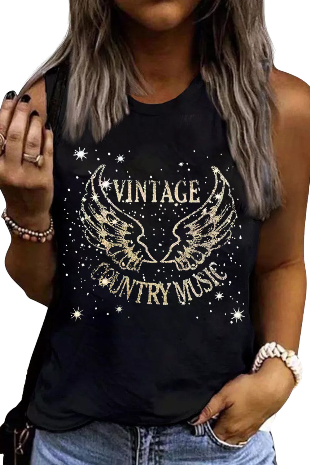 Black Vintage Country Music Wing Glitter Print Tank Top Tank Tops JT's Designer Fashion