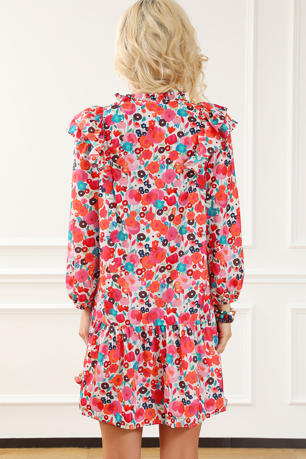 Multicolour Ruffle Split Neck Floral Long Sleeve Dress Floral Dresses JT's Designer Fashion