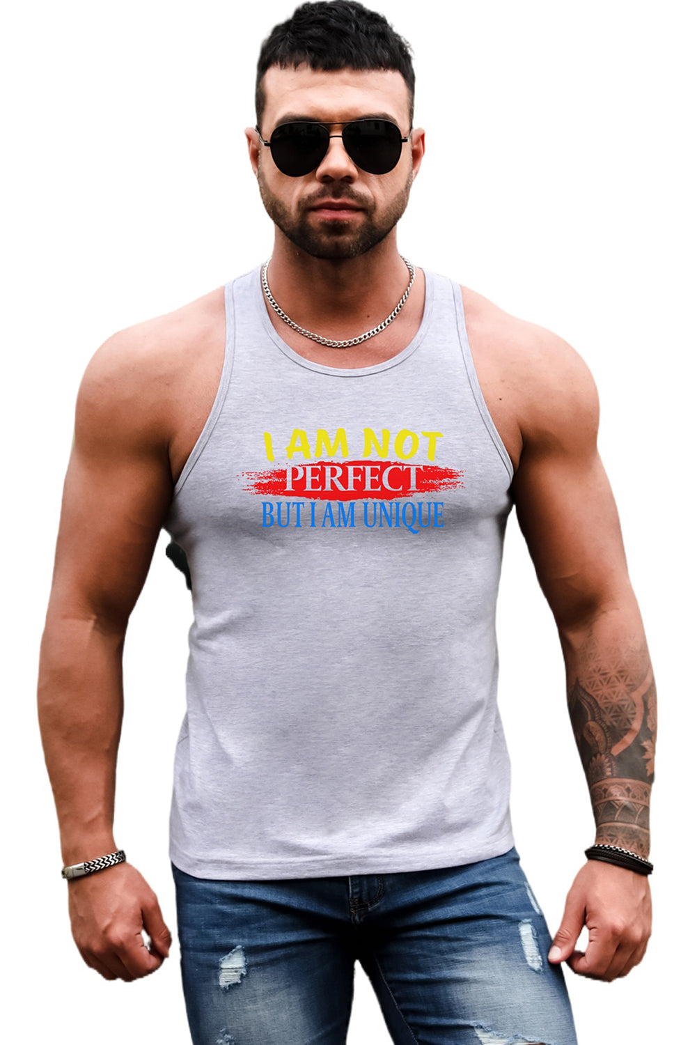 Gray Letter Print Slim-fit O-neck Men's Tank Top Men's Tops JT's Designer Fashion