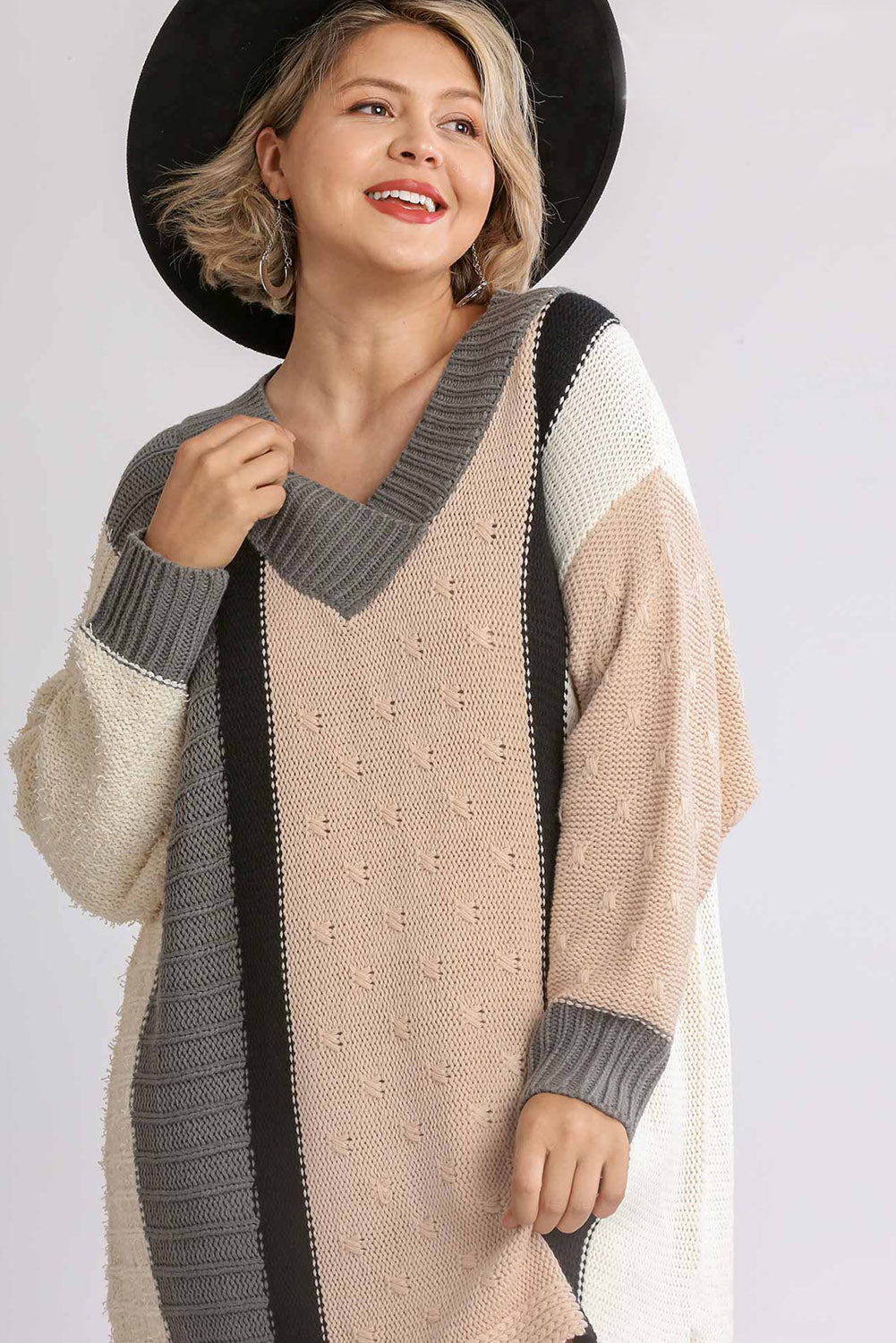 Apricot Mix Pattern Knit Color Block Plus Size Sweater Dress Plus Size JT's Designer Fashion