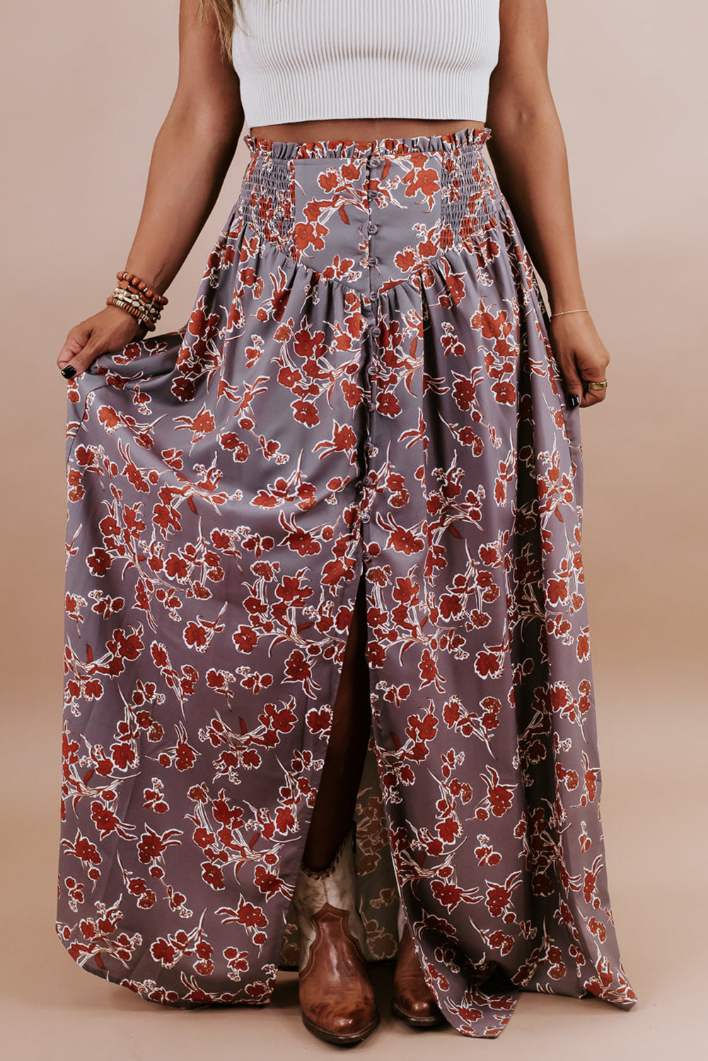 Purple Floral Print Shirred Waist Split Front Plus Size Maxi Skirt Plus Size JT's Designer Fashion