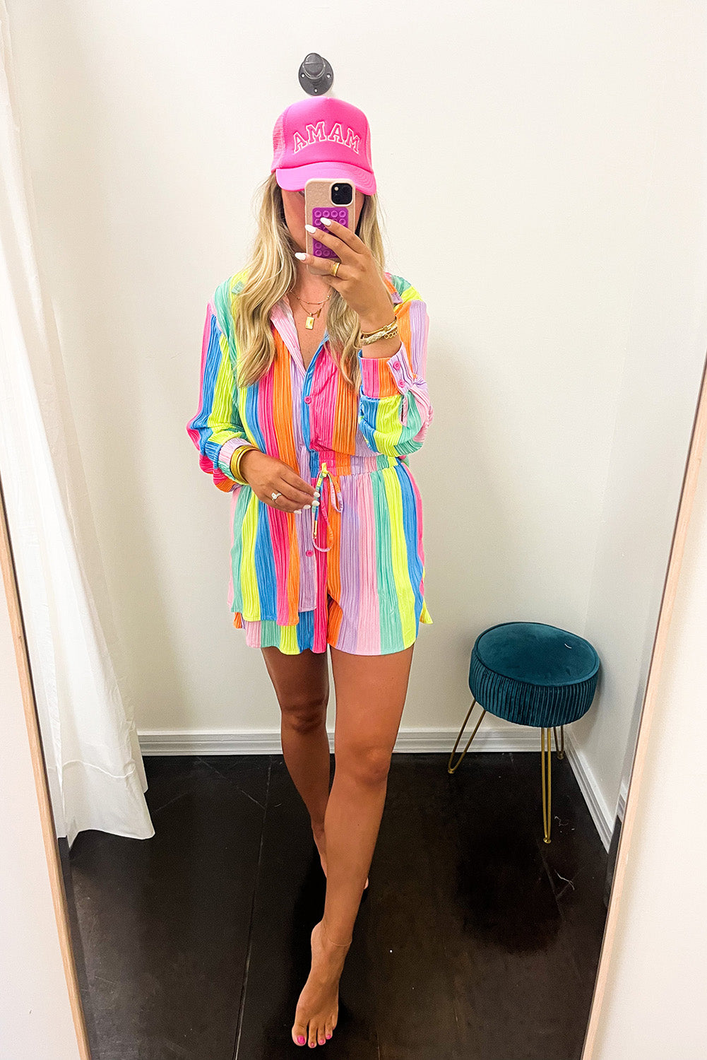 Multicolor Rainbow Stripe Crinckle Shirt and Shorts Outfit Bottoms JT's Designer Fashion