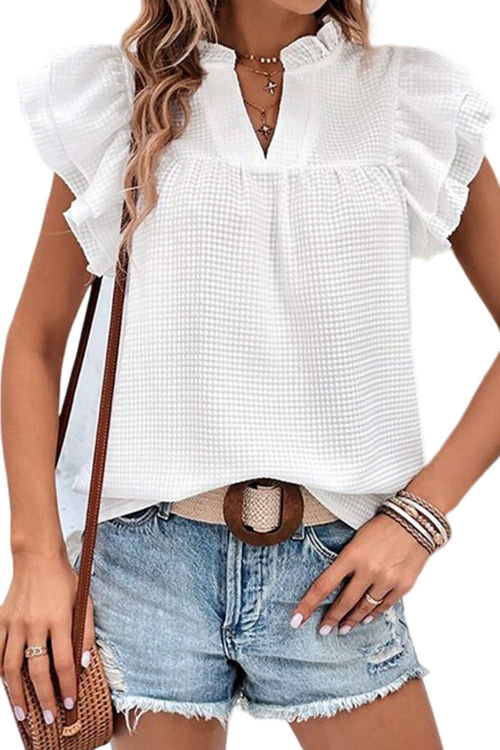 White Ruffle Accent Flutter Sleeve Notch Neck Top Tops & Tees JT's Designer Fashion