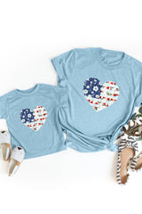 Sky Blue Family Matching American Flag Flower Heart Print Girl's Graphic Tee Family T-shirts JT's Designer Fashion