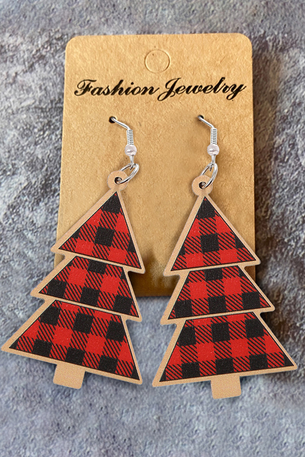 Red Plaid Christmas Tree Wooden Pendant Earrings Jewelry JT's Designer Fashion