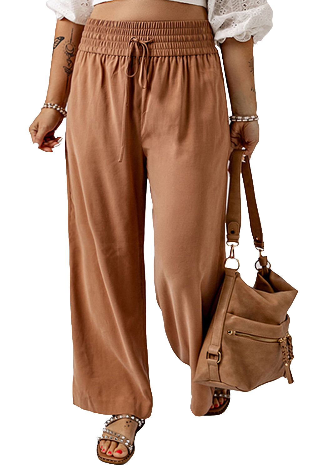 Brown Drawstring Smocked Waist Wide Leg Plus Size Pants Plus Size Bottoms JT's Designer Fashion