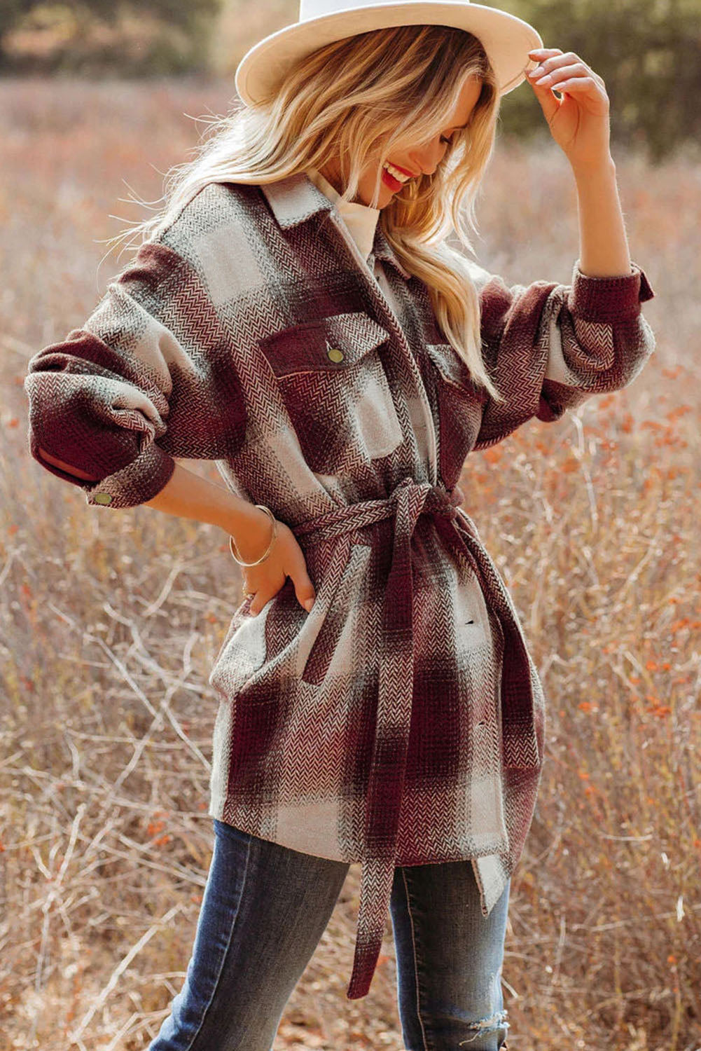 Red Pocketed Belted Plaid Shacket Outerwear JT's Designer Fashion