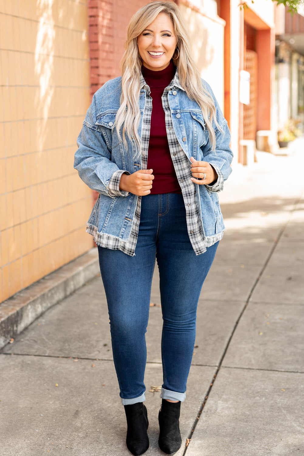 Sky Blue Frayed Plaid Splicing Plus Size Denim Jacket Denim jackets JT's Designer Fashion