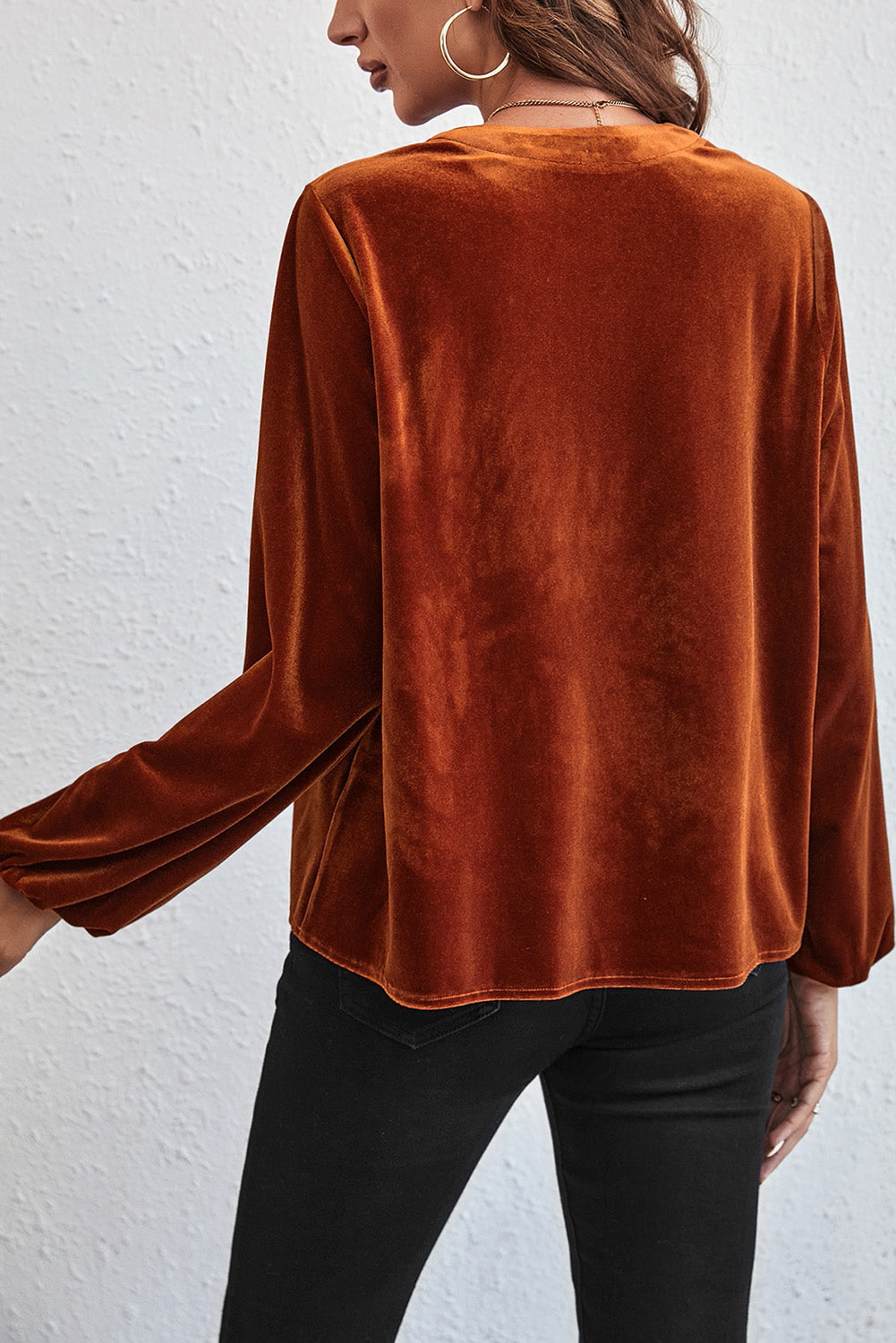 Gold Flame Velvet Lantern Sleeve Beaded Split V Neck Top Tops & Tees JT's Designer Fashion