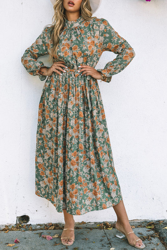 Green Pleated Long Sleeve Maxi Floral Dress with Tie Floral Dresses JT's Designer Fashion