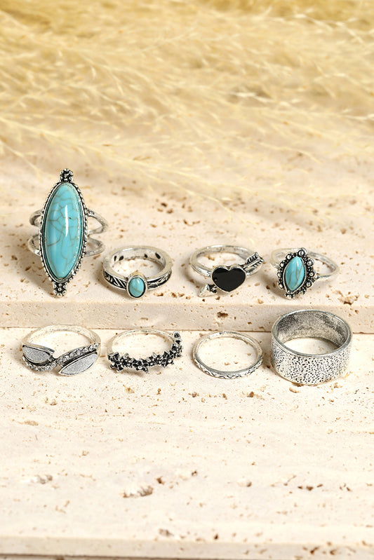 Silver Bohemian Vintage 8pcs Turquoise Rhinestone Ring Sets Jewelry JT's Designer Fashion