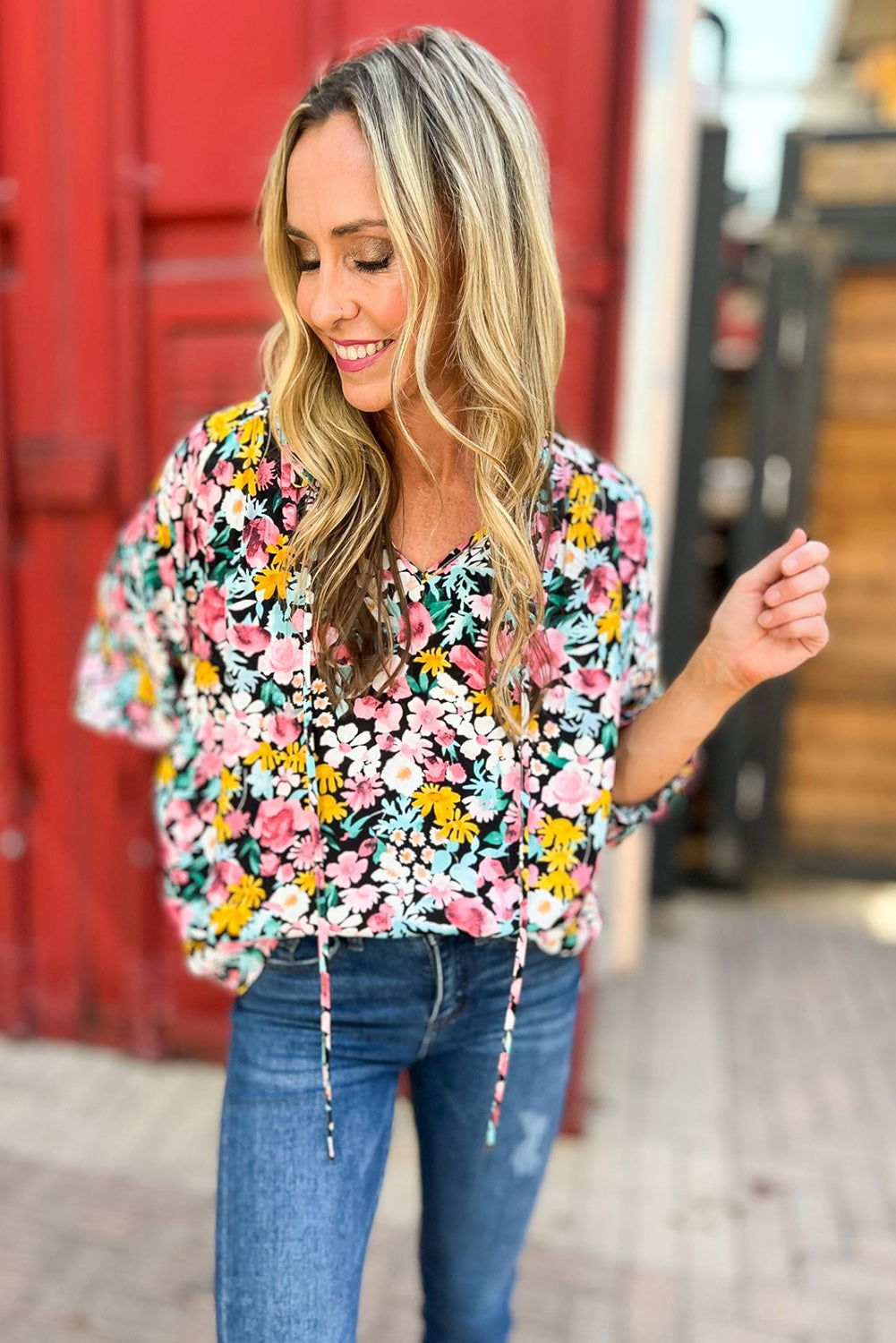 Multicolor Floral Notched V-Neck Puff Sleeve Blouse Tops & Tees JT's Designer Fashion