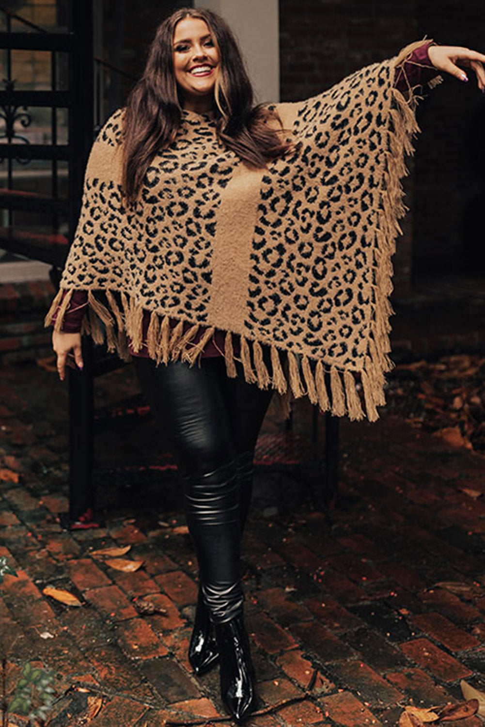 Leopard Fringed Trim Plus Size Cape Plus Size JT's Designer Fashion