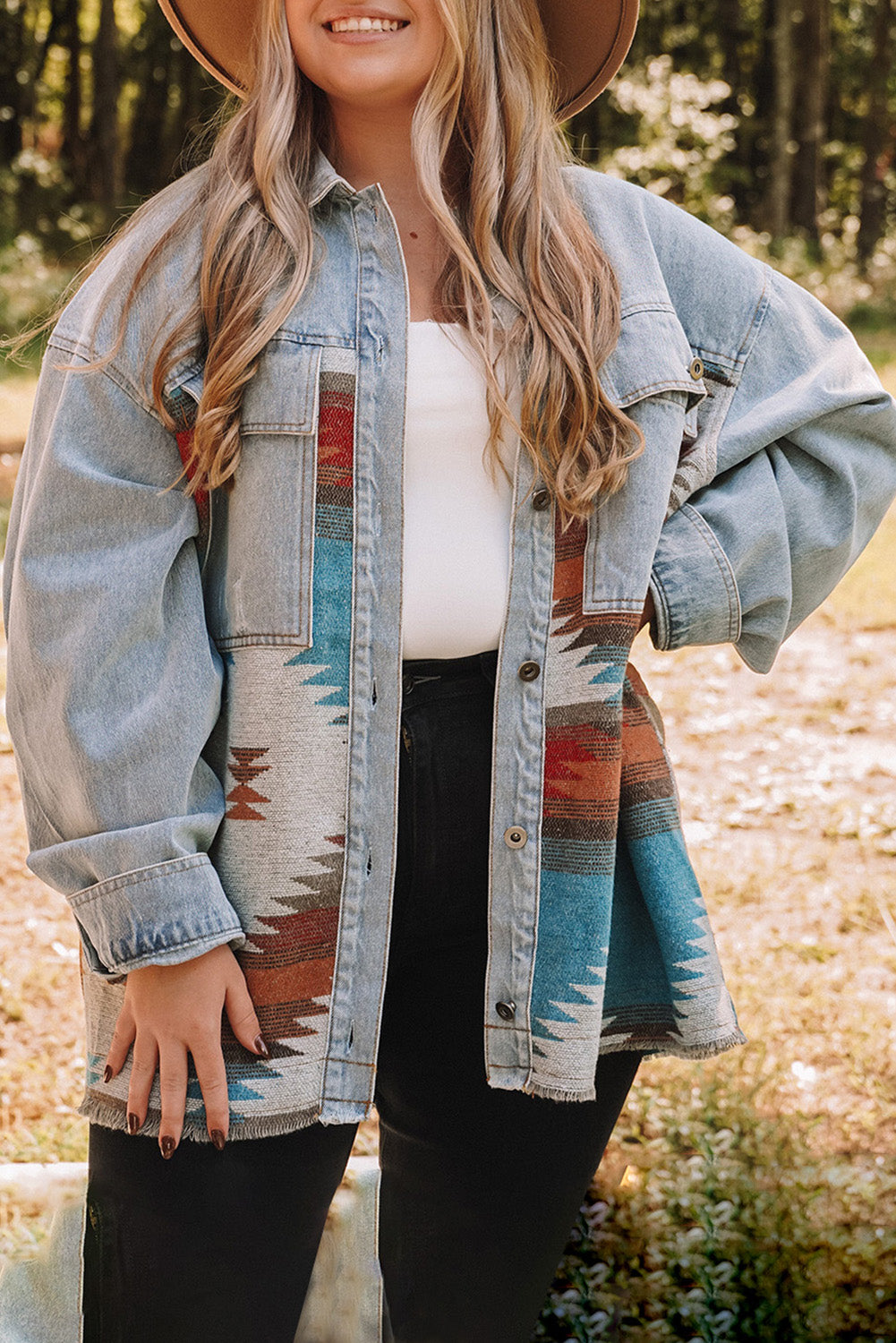 Sky Blue Plus Size Denim Aztec Jacket Denim jackets JT's Designer Fashion