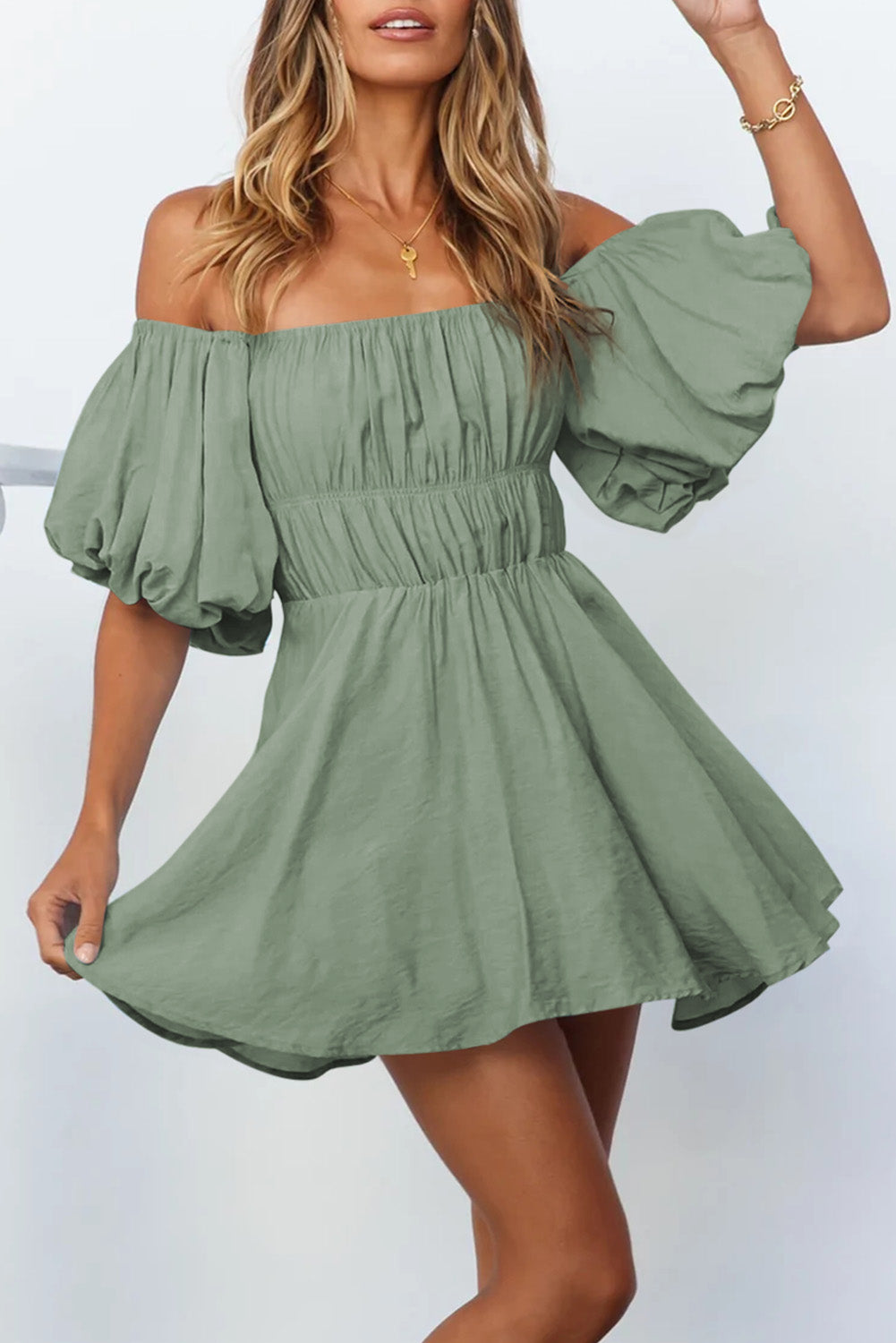 Green Shirred Bubble Sleeve Off Shoulder Babydoll Dress Mini Dresses JT's Designer Fashion