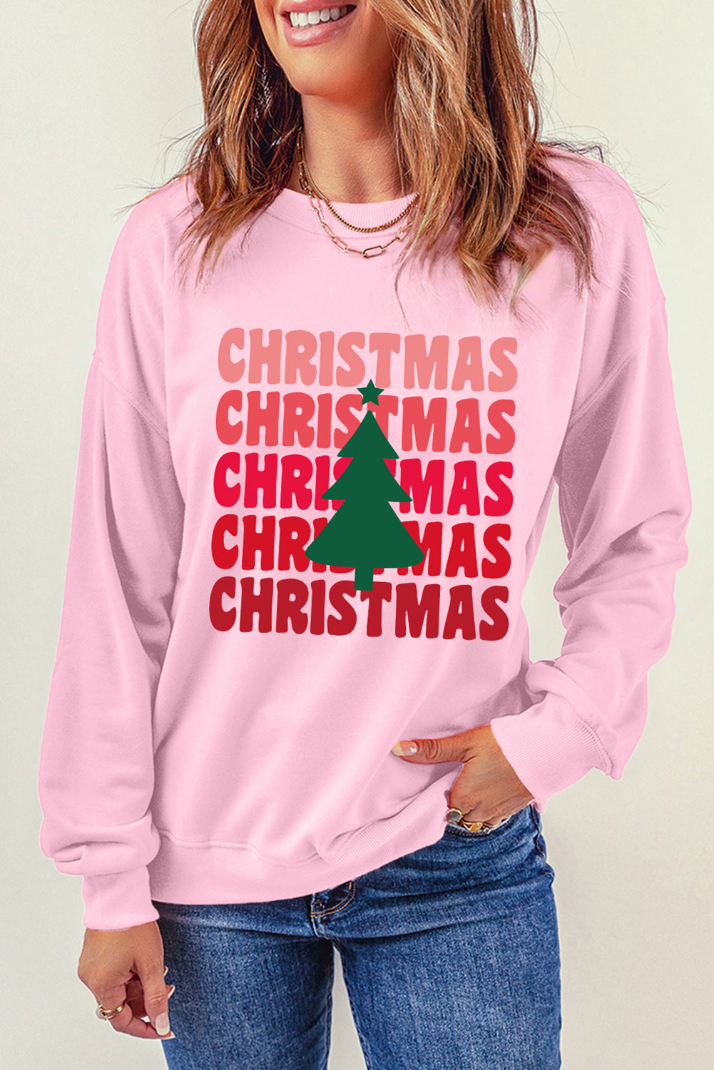 Pink CHRISTMAS Tree Print Drop Shoulder Sweatshirt Graphic Sweatshirts JT's Designer Fashion