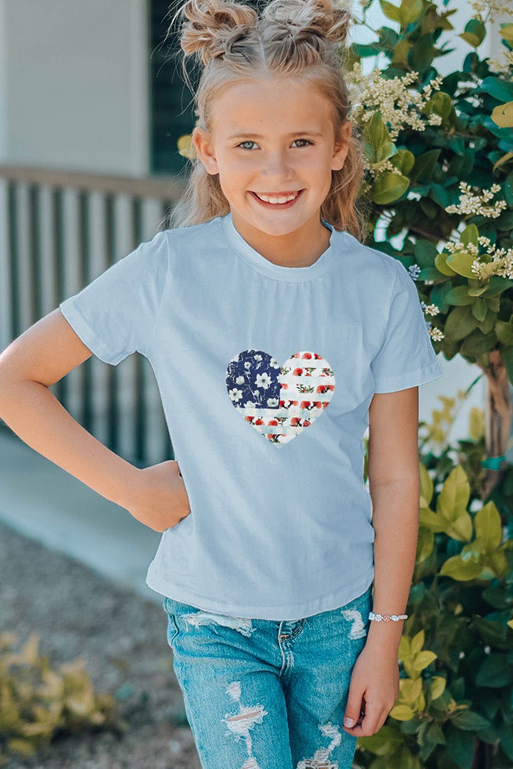 Sky Blue Family Matching American Flag Flower Heart Print Girl's Graphic Tee Family T-shirts JT's Designer Fashion