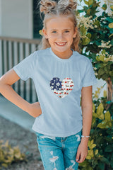 Sky Blue Family Matching American Flag Flower Heart Print Girl's Graphic Tee Family T-shirts JT's Designer Fashion
