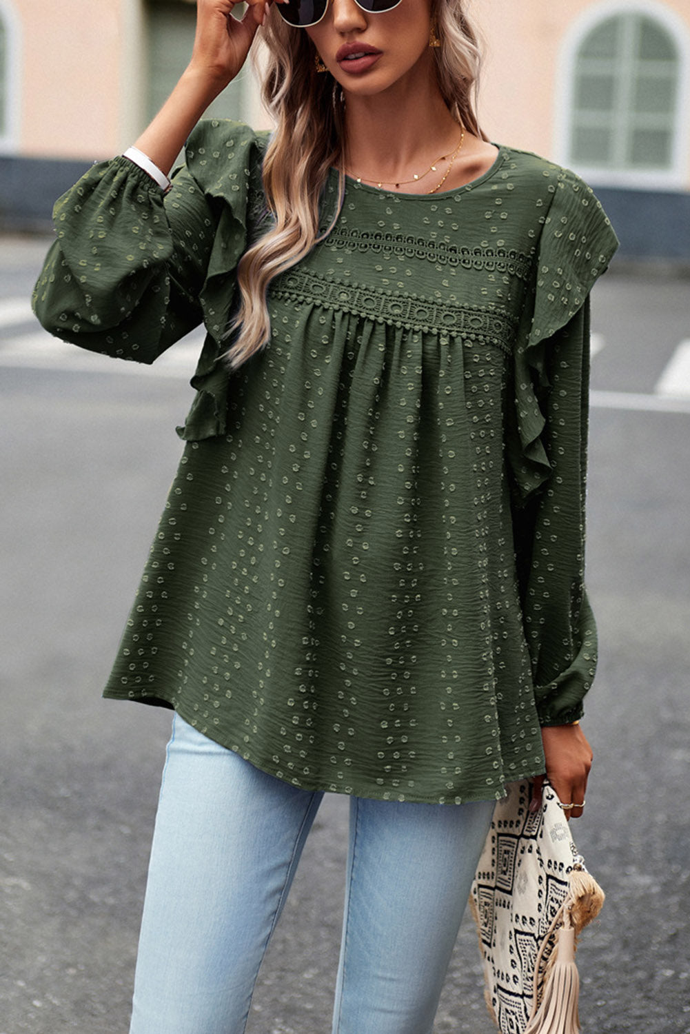 Blackish Green Lace Eyelet Ruffle Shoulder Long Sleeve Blouse Tops & Tees JT's Designer Fashion