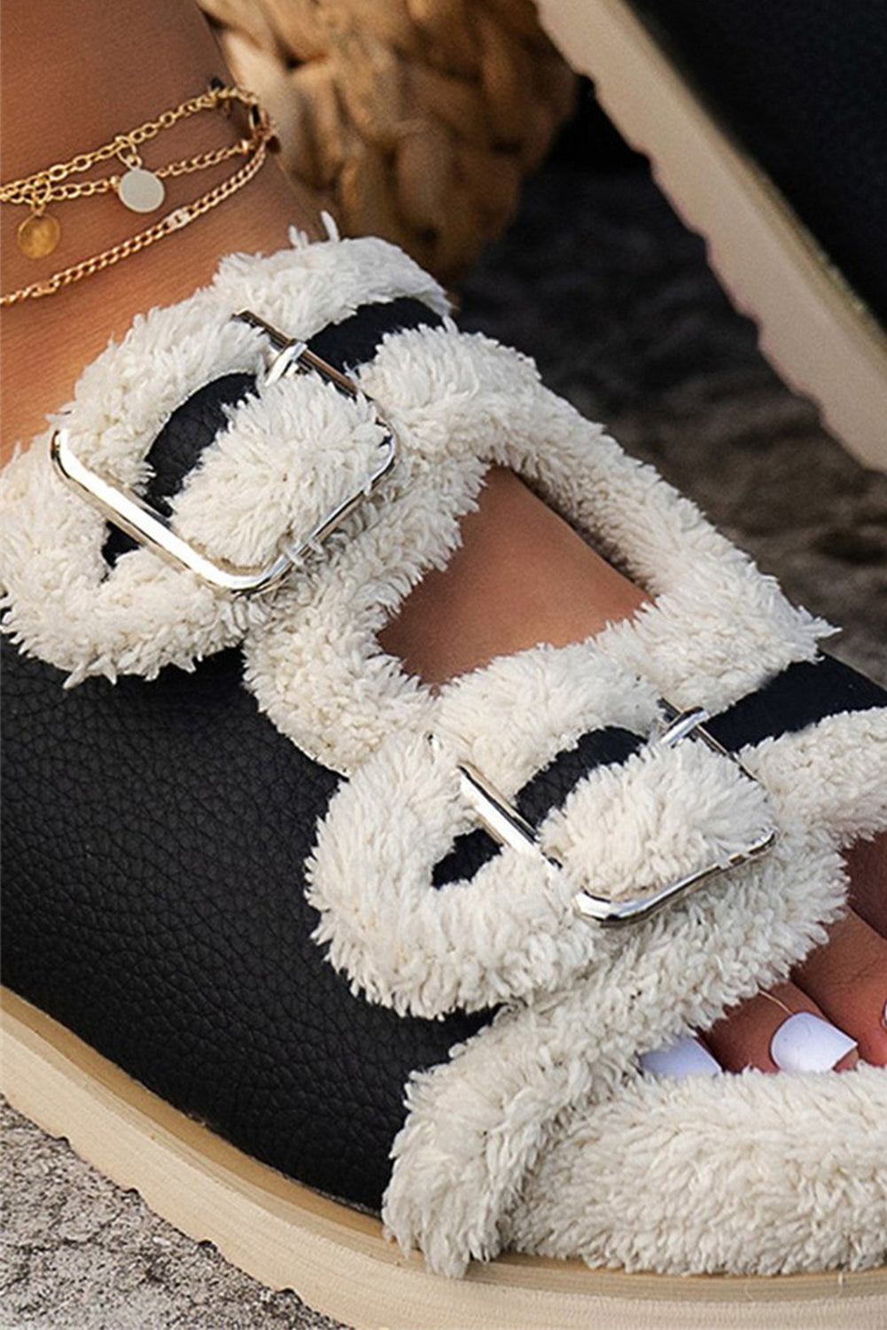 White Color Block Buckle Decor Fuzzy Slippers Slippers JT's Designer Fashion