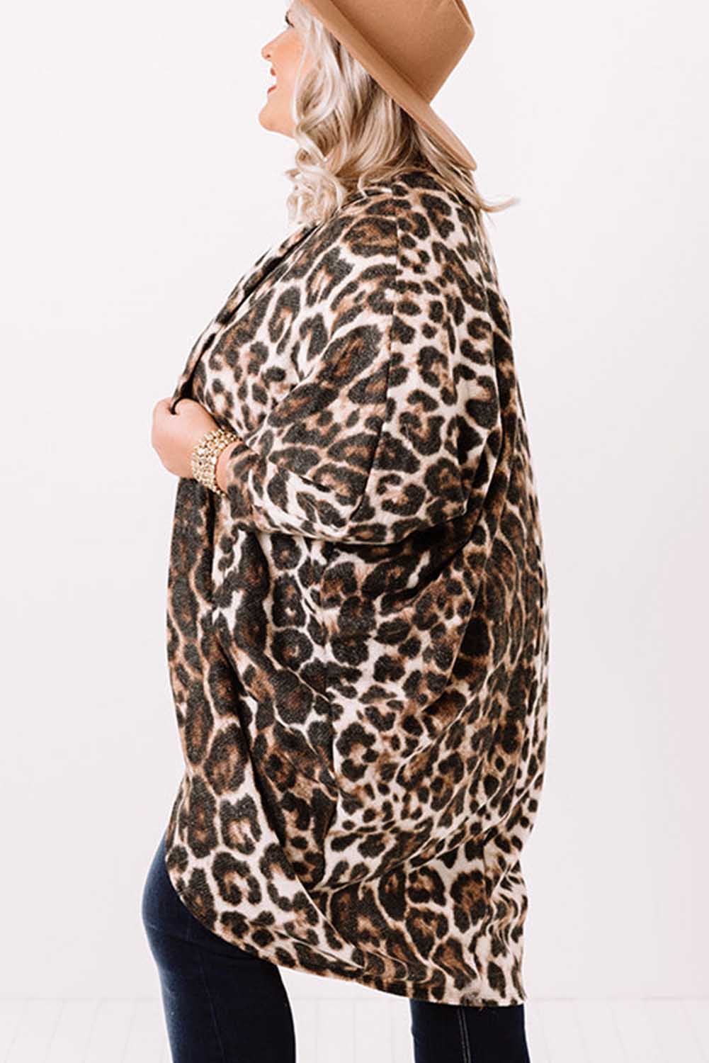 Leopard Plus Size Draped Open Front Cardigan Plus Size JT's Designer Fashion