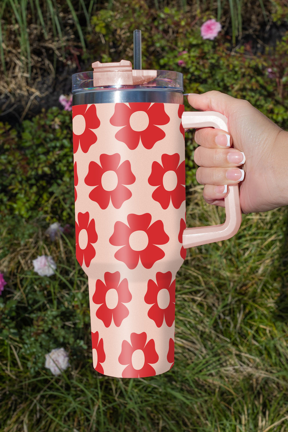 Red Flower Print Stainless Steel Water Bottle with Handle Tumblers JT's Designer Fashion