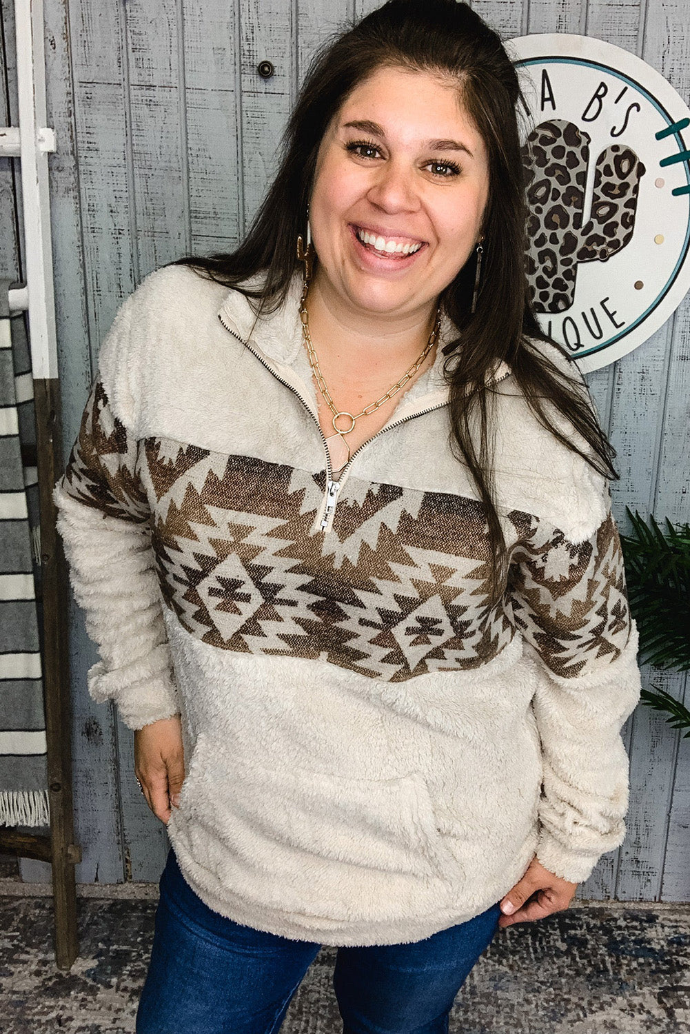 Beige Printed Plus Size Aztec Sherpa Hoodie Plus Size JT's Designer Fashion