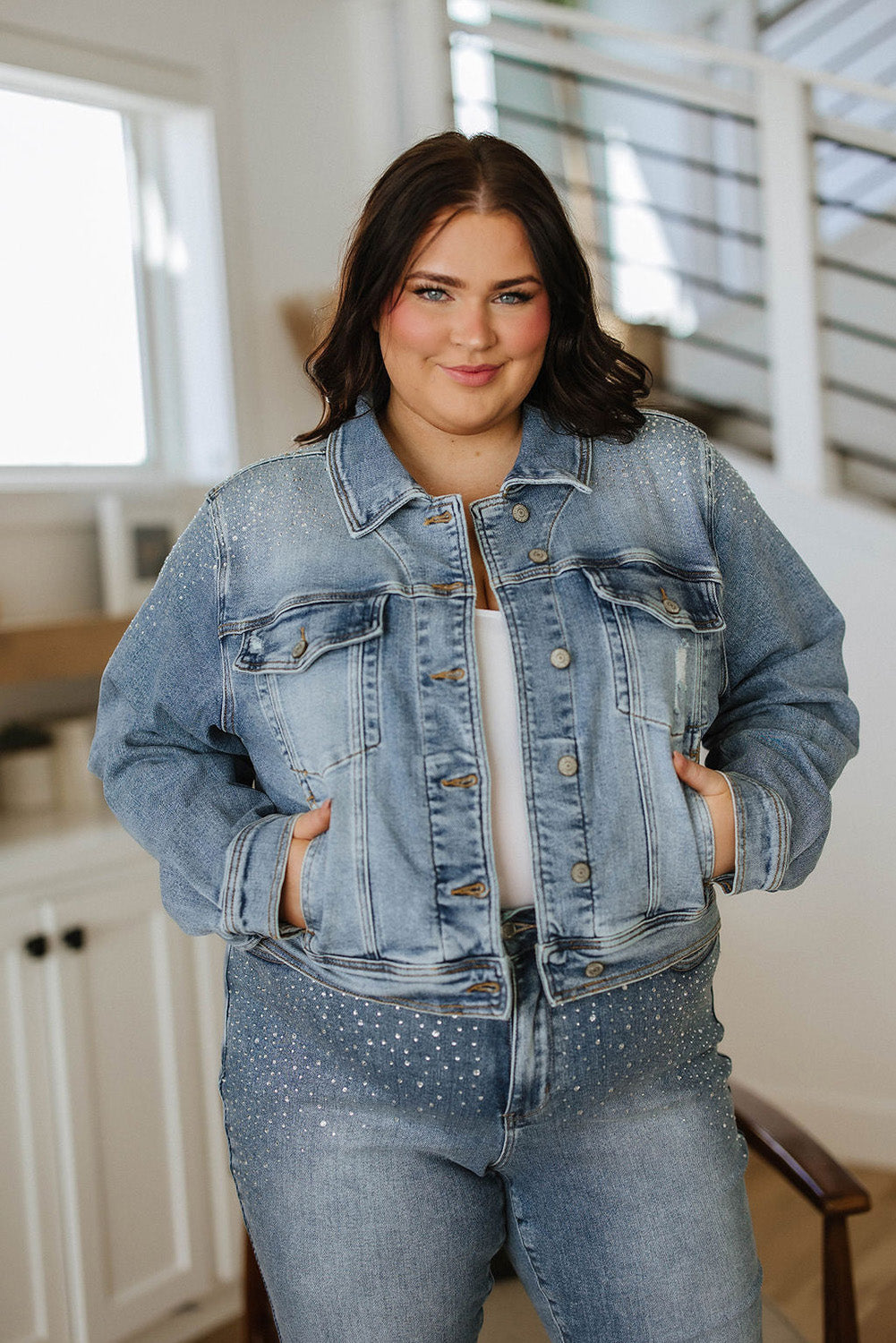 Sky Blue Plus Size Rhinestone Denim Jacket Denim jackets JT's Designer Fashion