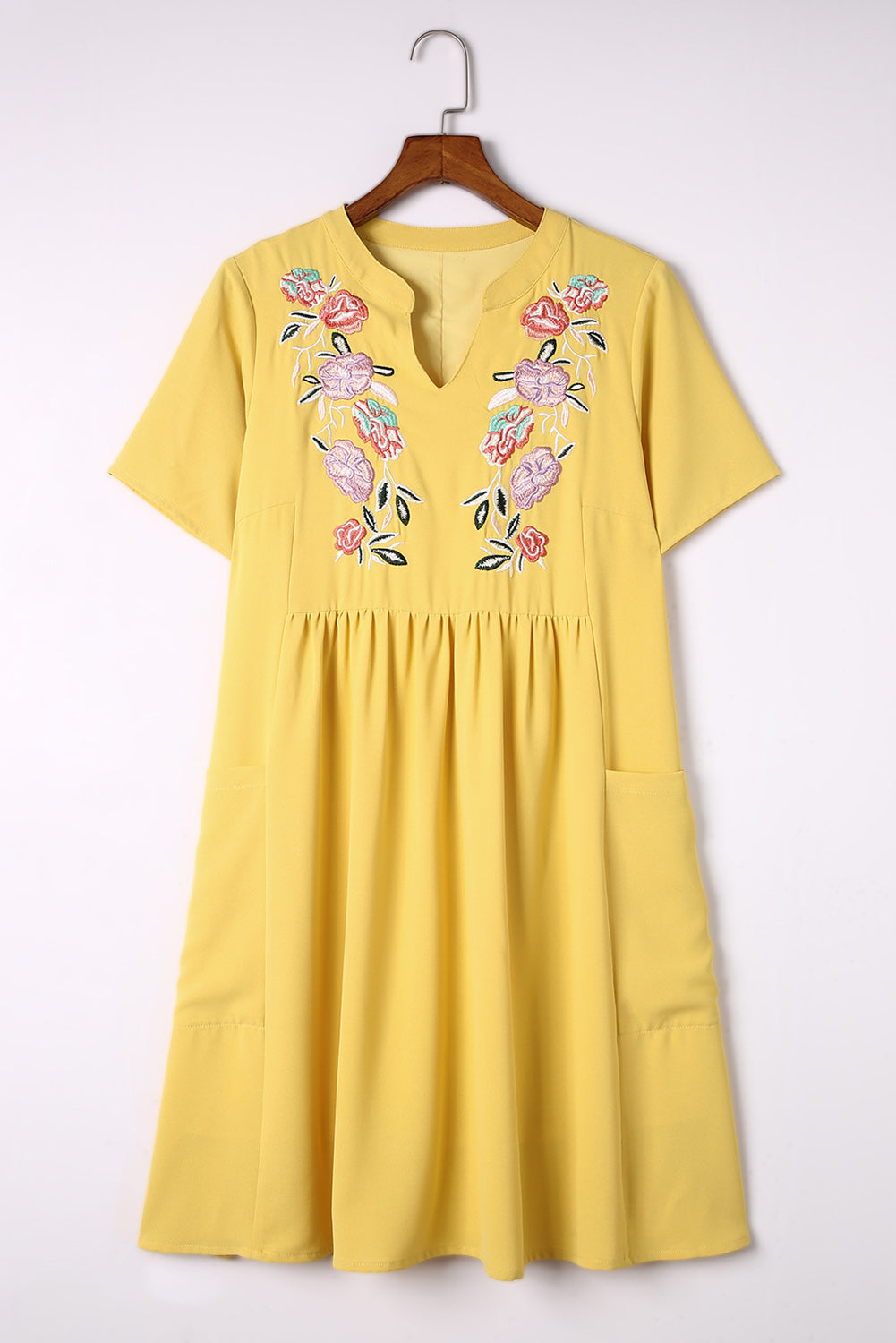 Yellow Split Neck Embroidered Floral Babydoll Swing Dress Floral Dresses JT's Designer Fashion