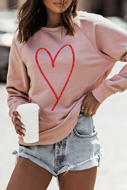 Pink Heart Glitter Graphic Raglan Pullover Sweatshirt Pink 62.7%Polyester+37.3%Cotton Graphic Sweatshirts JT's Designer Fashion