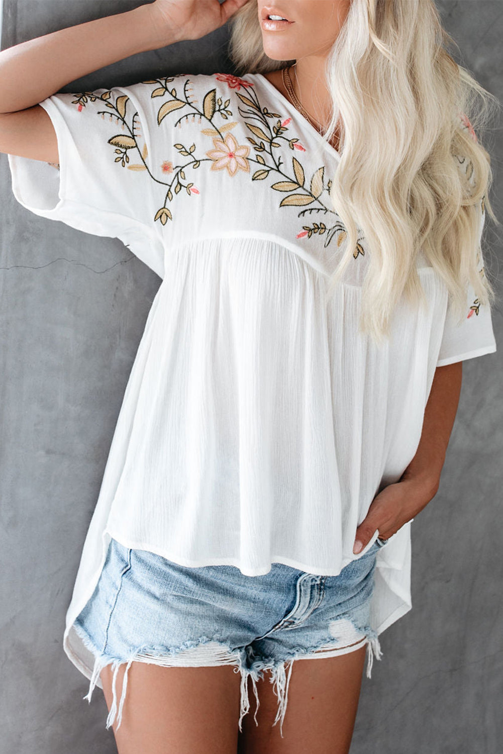 White Floral Embroidered V Neck Crinkle Babydoll Blouse Blouses & Shirts JT's Designer Fashion