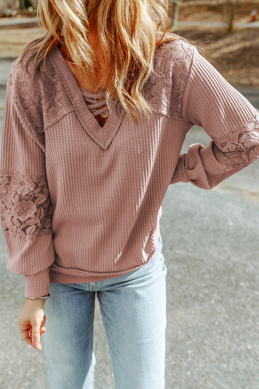 Pink Apricot Lace Waffle Patchwork Strappy V Neck Long Sleeve Top Tops & Tees JT's Designer Fashion