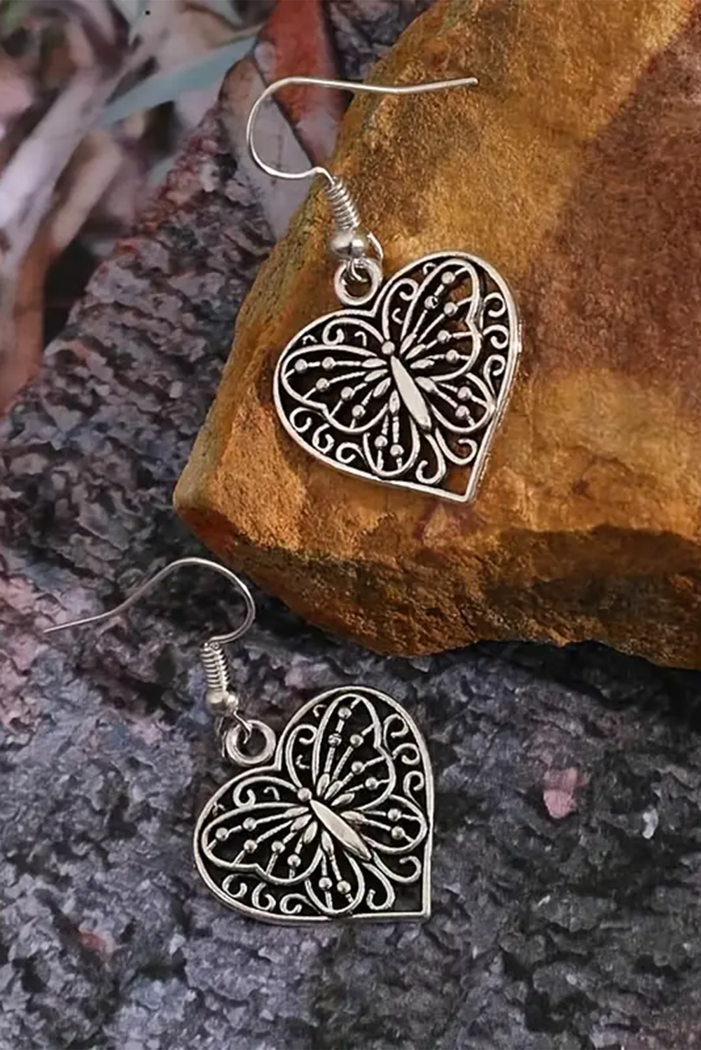 Silvery Retro Hollowed Butterfly Heart Pendant Earrings Jewelry JT's Designer Fashion