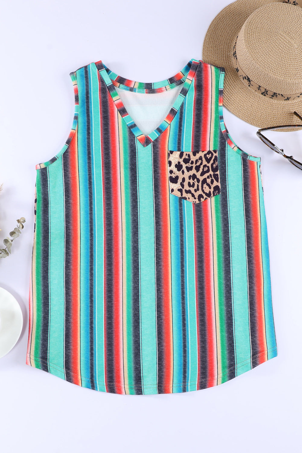 Multicolor Serape Leopard Patchwork Pocket V Neck Tank Top Tank Tops JT's Designer Fashion