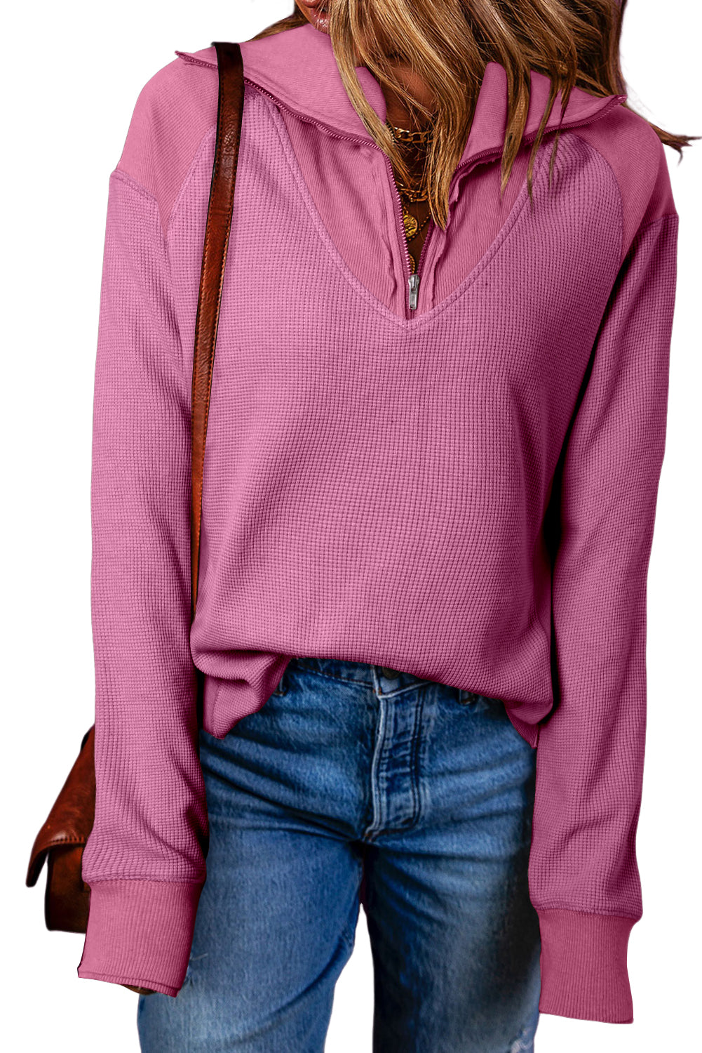 Dark Pink Waffle Knit Patchwork Zipped Collared Pullover Top Pre Order Sweatshirts & Hoodies JT's Designer Fashion