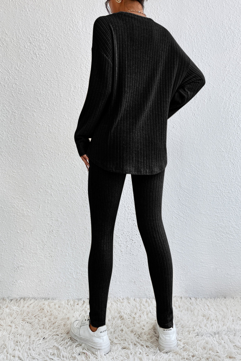 Black Ribbed Knit Loose Long Sleeve Top Skinny Pants Set Bottoms JT's Designer Fashion